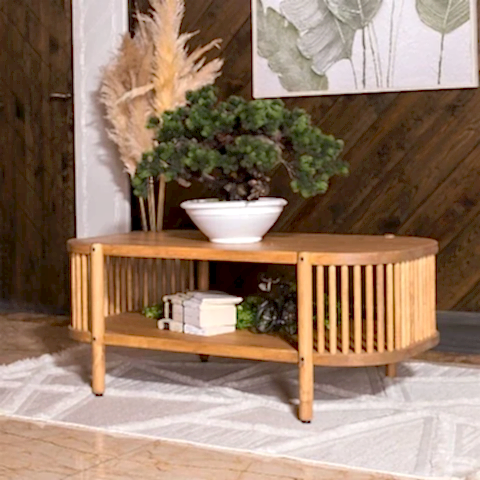 Lathe Doğal Ahşap Orta Sehpa 114×45×60 cm | Oval Çıtalı Modern